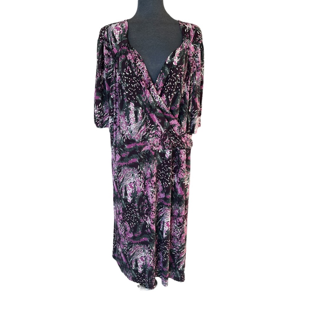 LANE BRYANT FAUX WRAP DRESS PLUM & Black Print Comfy Giving Fabric Women’s 22/24